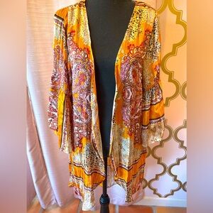 Umgee Yellow with Burgundy and Metallic Thread Kimono NWT